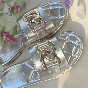 New AEROSOLES Metallic Gold Chain Slide Sandals